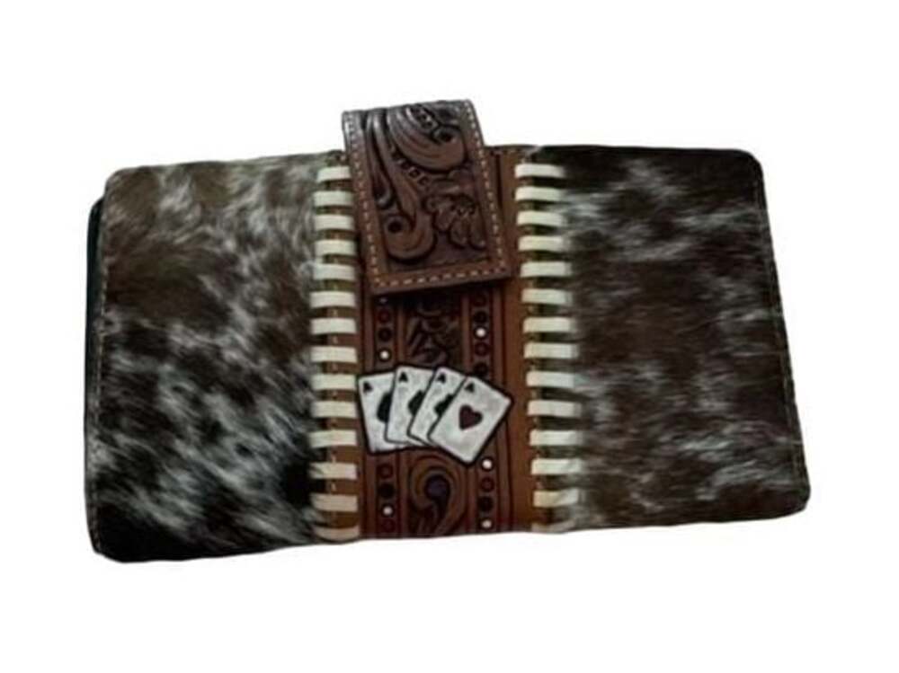 Western Tooled Leather and Cowhide Aces Card Long Wallet